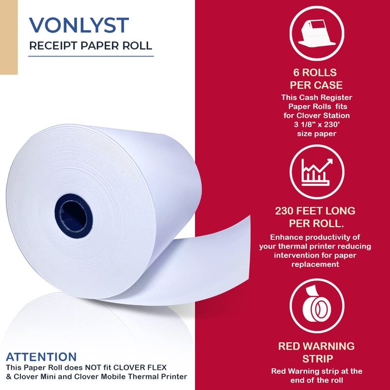 Vonlyst Thermal Receipt Paper Rolls 3 1/8" x 230' for Clover Station (06 rolls) - Image 5